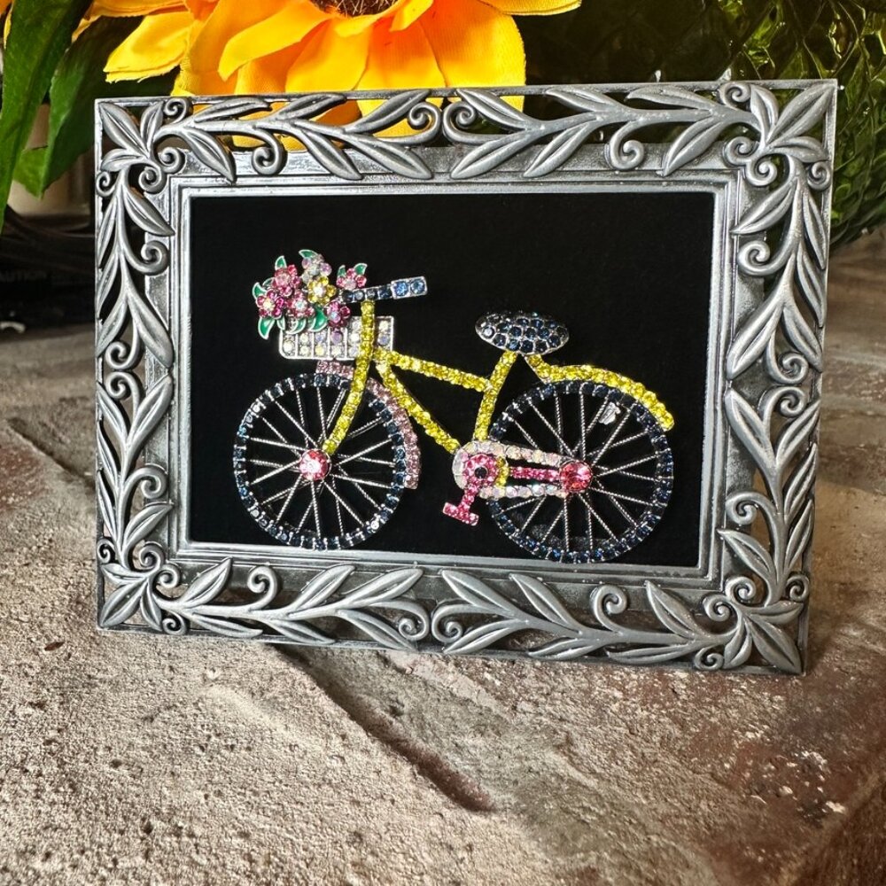 Framed Jewelry Springtime Rhinestone Bicycle and Flowers Brooch/Pin